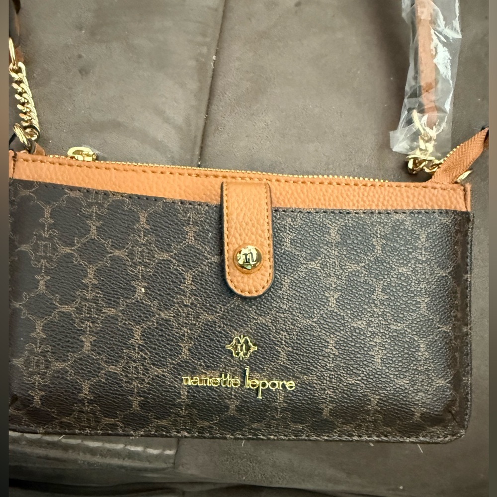 Nanette Lepore, crossbody purse Mickey Tech with chain chocolate logo  NWT
